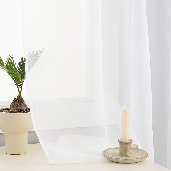 White Sheer Curtains 63 Inches Long 2 Panels, Rod Pocket Short Curtain - Image 5