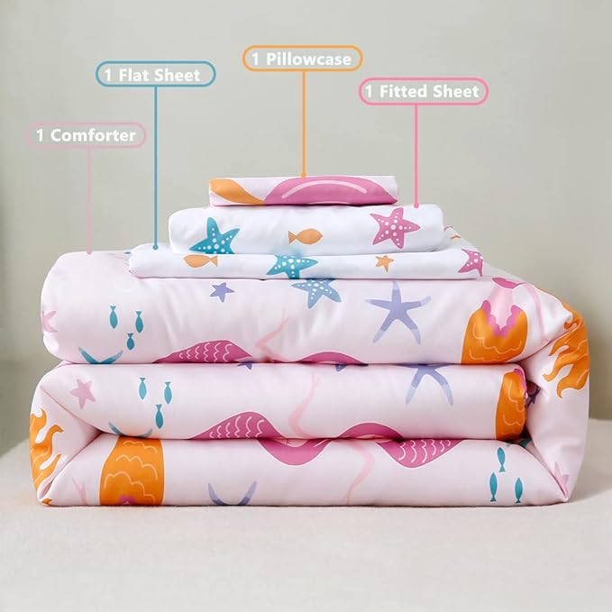 PERFEMET Toddler Bedding Sets Girls 4 Pieces Pink Mermaid Toddler Bed in A Bag - Image 7