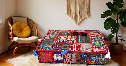 CRAFT KALA Indian Square Patchwork Traditional Pouf Cover Indian Living Room - Image 4