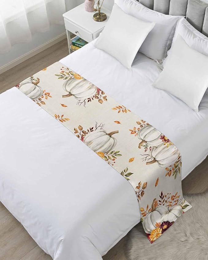 Thanksgiving Pumpkin Fall Maple Leaf Watercolor Bed Runners by ZFUNCING