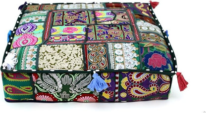 CRAFT KALA Indian Square Patchwork Traditional Pouf Cover Indian Living Room by CRAFTKALA