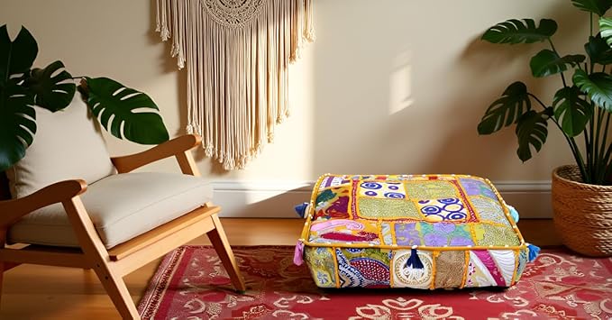 CRAFT KALA Indian Square Patchwork Traditional Pouf Cover Indian Living Room - Image 5