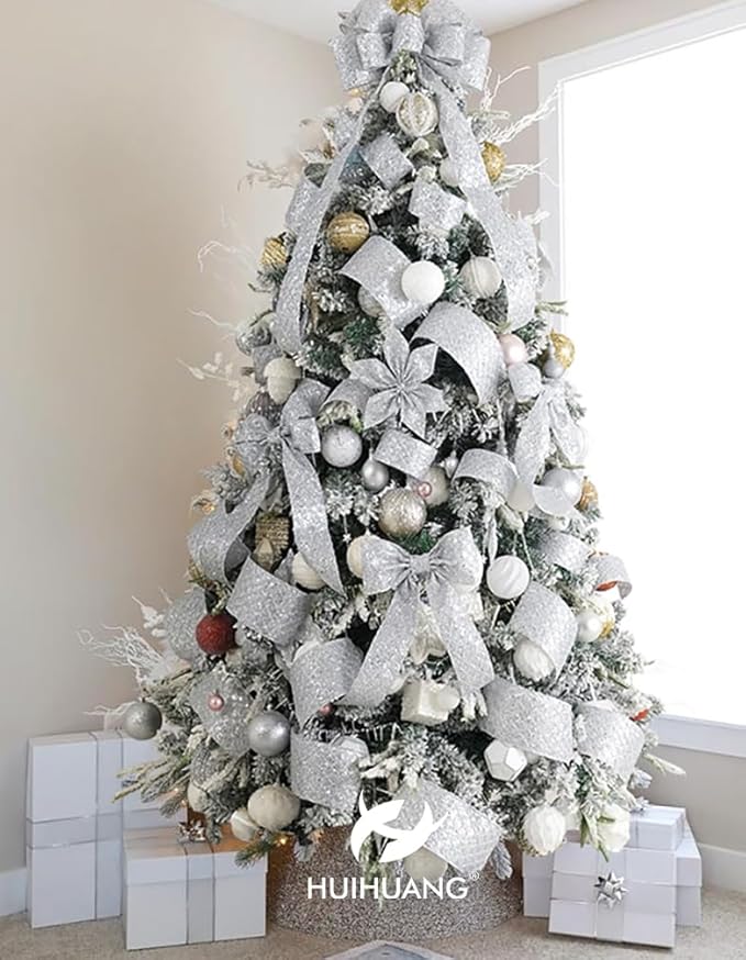 HUIHUANG Silver Christmas Ribbon 4 inch Silver Glitter Wired Ribbon Diamond - Image 6