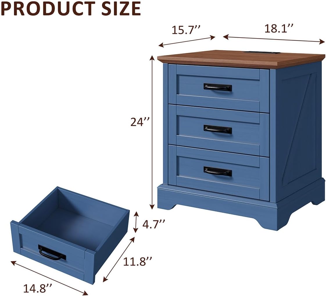 whalefall 3 drawers farmhouse nightstand with charging station shown in use