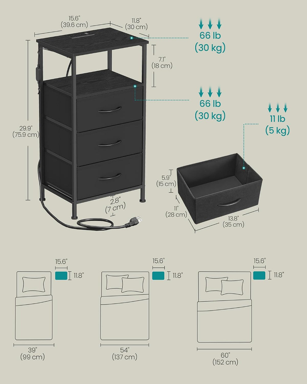 SONGMICS Nightstand with Charging Station, 3 Fabric Drawers