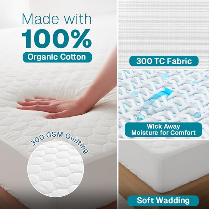 FABDREAMS Organic Quilted Mattress Protector Twin Size | Mattress Pad| Mattress - Image 3