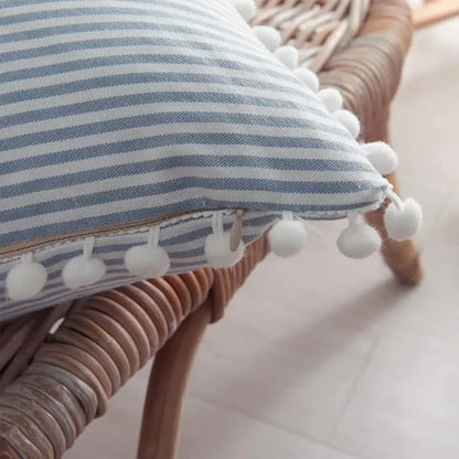 HOPLEE Decorative Blue Stripe Pillow Covers 16x16 Farmhouse Pom Pom Pillows - Image 4