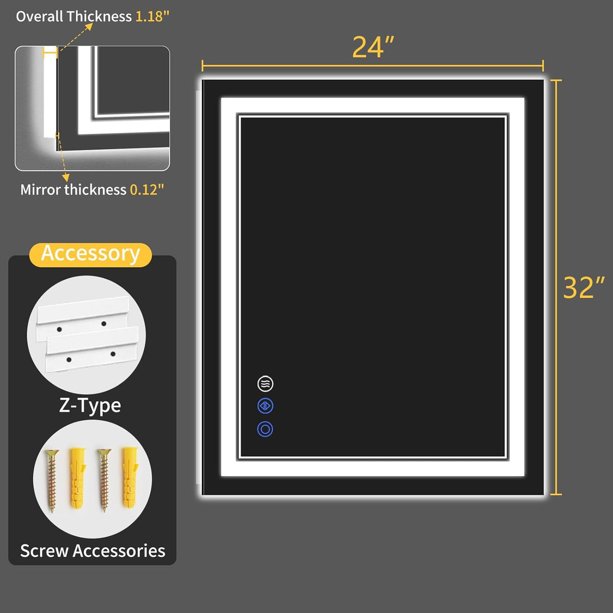 24"x32" led bathroom mirror with lights, anti-fog, backlit on a desk or shelf