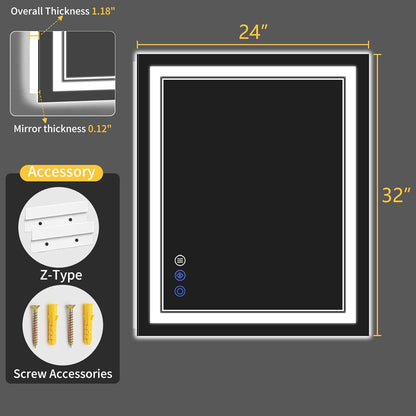 24"x32" led bathroom mirror with lights, anti-fog, backlit on a desk or shelf