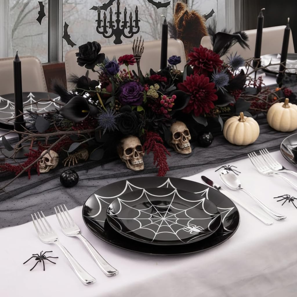 NOCCUR 60PCS Halloween Plastic Plates - 30 Black Dinner/Dessert Plates - Ideal for Halloween Party