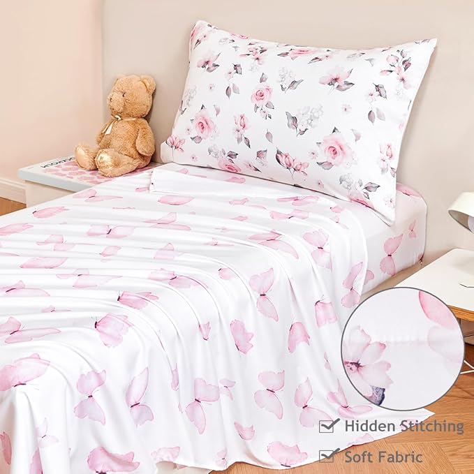 PERFEMET Floral Toddler Bedding 4-Piece Pink Flower Toddler Girls Comforter - Image 4