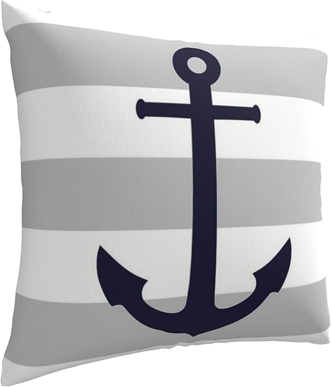 Myshe Square Nautical Navy Blue Anchor On Gray Stripes Throw Pillow Cover - Image 2