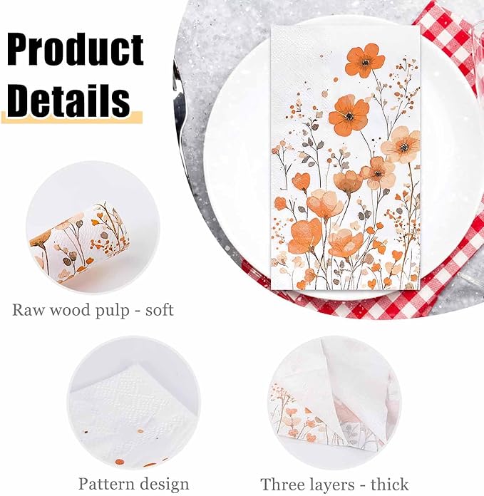 HEIPINIUYE 50 Pieces 3-ply Fall Floral Paper Napkins Autumn Flower Guest - Image 4