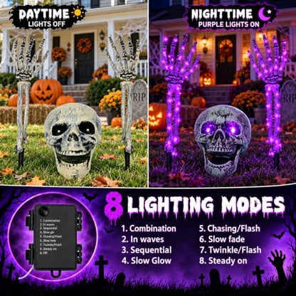 Halloween Skeleton Decorations Outdoor, Light Up Skull Head & Skeleton Hands Lights Stake with Purple LED, Battery Operated Halloween Yard Decor for Lawn, Garden, Graveyard, Haunted House & Party