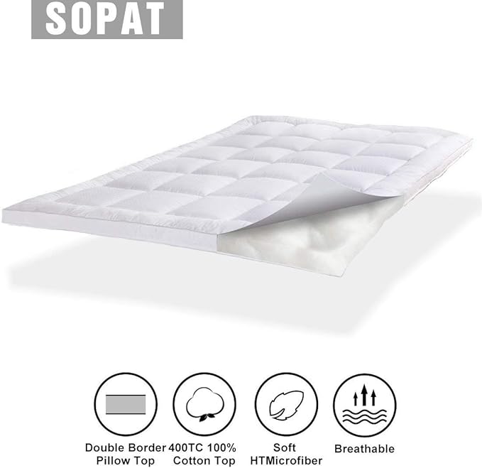 SOPAT Extra Thick Mattress Topper Twin XL 400TC Cotton Pillow Top Breathable - Image 2