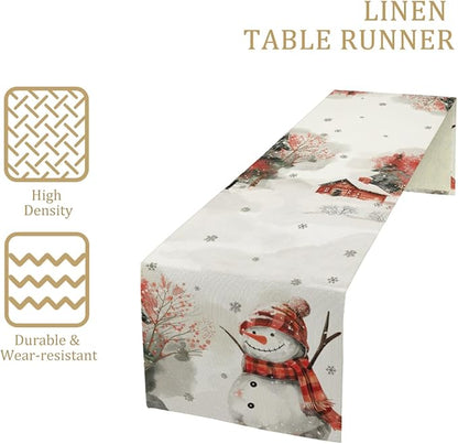 Snow Table Runner, Merry Christmas Linen Table Runner, Snowman Dining Table - Image 4