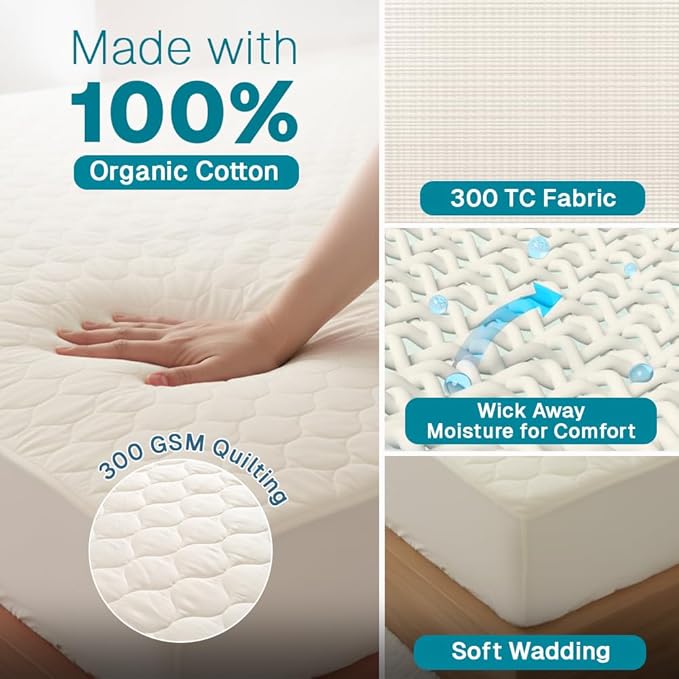FABDREAMS Organic Quilted Mattress Protector Queen Size | Mattress Pad| - Image 3