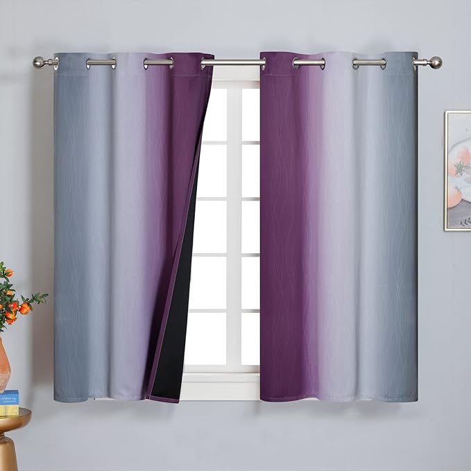 Purple and Grey Blackout Curtains 45 Inches Long, Ombre and Wavy Line Pattern - Image 2
