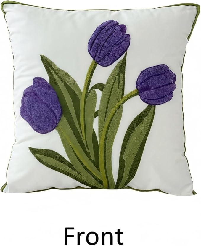 18x18 Embroidered Throw Pillow Cover – Purple Tulip Cotton Decorative Cushion - Image 2