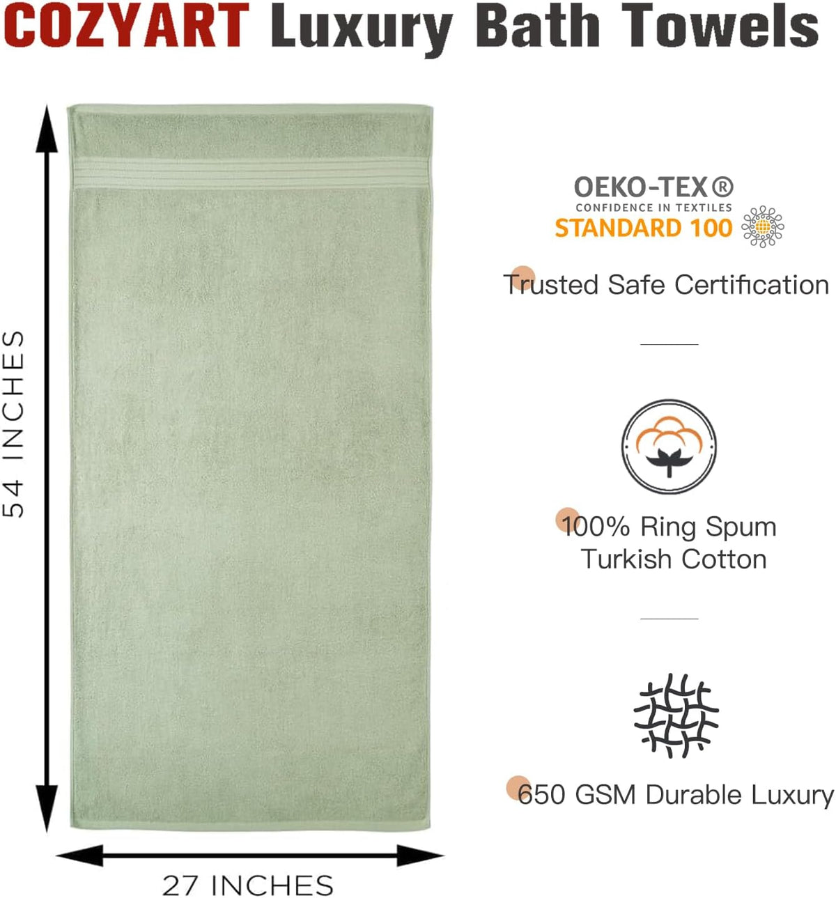 cozyart luxury bath towels 4 pcs, 27x54 650 showing dimensions