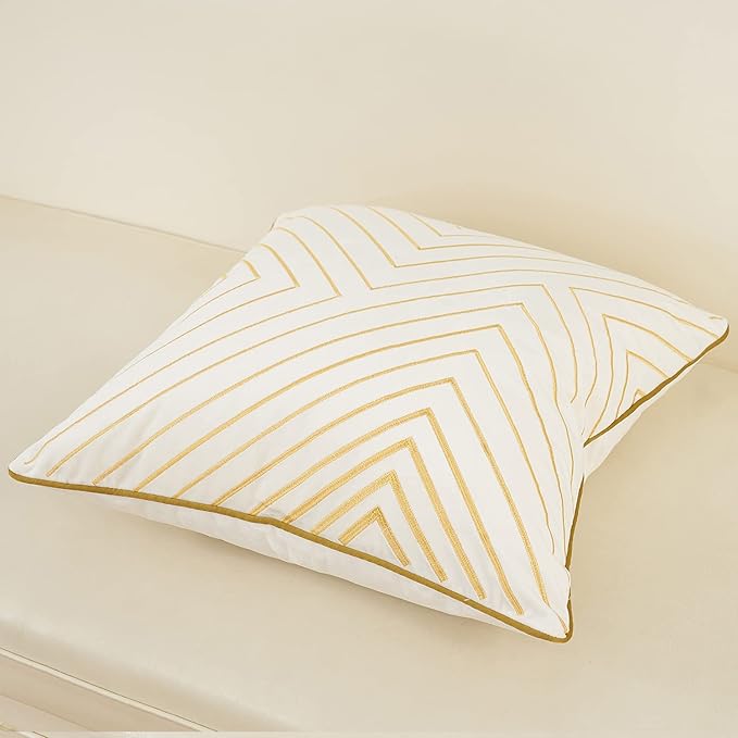 Avigers 18 x 18 Inch White Gold Striped Geometric Lines Embroidery Velvet - Image 3