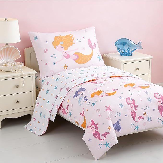 PERFEMET Toddler Bedding Sets Girls 4 Pieces Pink Mermaid Toddler Bed in A Bag - Image 2
