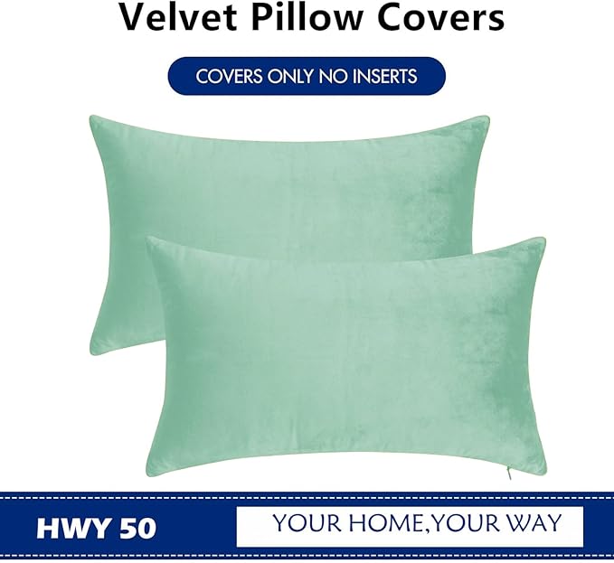 HWY 50 Aqua Green Velvet Rectangular Throw Pillow Covers 12x20 Inch - Image 6