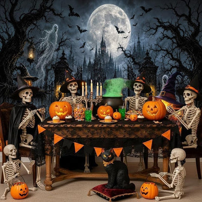 Halloween Graveyard Castle Backdrop 10x8ft, Spooky Ghost Pumpkin Gothic Haunted House Photography Background, Full Moon Night Bat Scarecrow Banner, Horror Halloween Party Decor Photo Booth Props