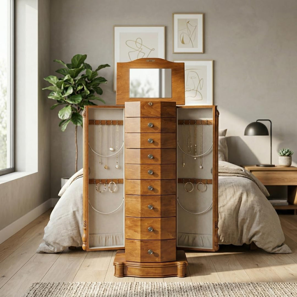 Hives and Honey Henry Locking Jewelry Armoire with Charging Port – 8 Drawer A...