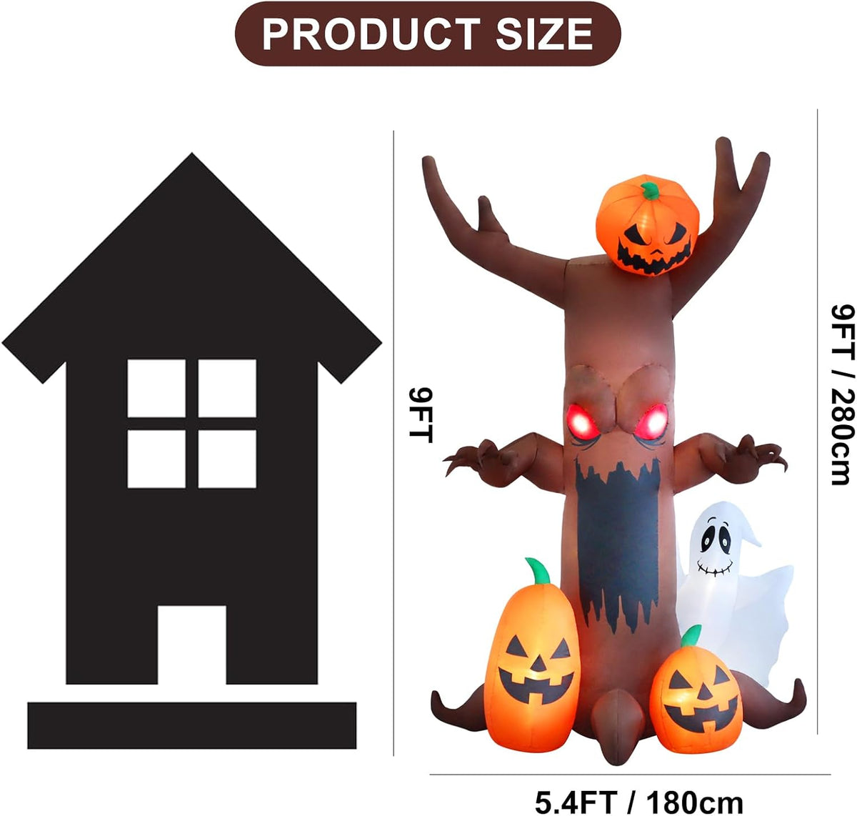 9ft Pumpkin Ghost Tree Halloween Inflatable Outdoor Decoration, Courtyard Decoration with LED Lights, for Outdoor Lawn, Garden, Family Vacation Party
