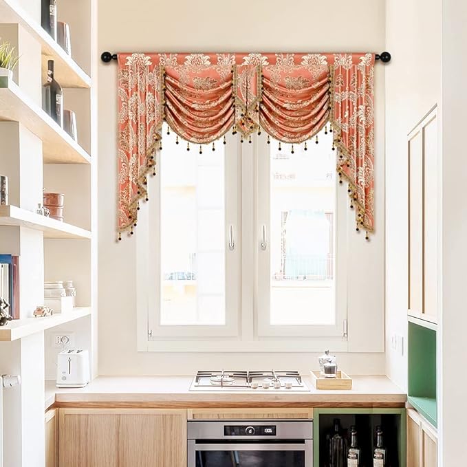ELKCA Golden Damask Jacquard Swag Waterfall Valance Luxury Curtain Valance by ELKCA