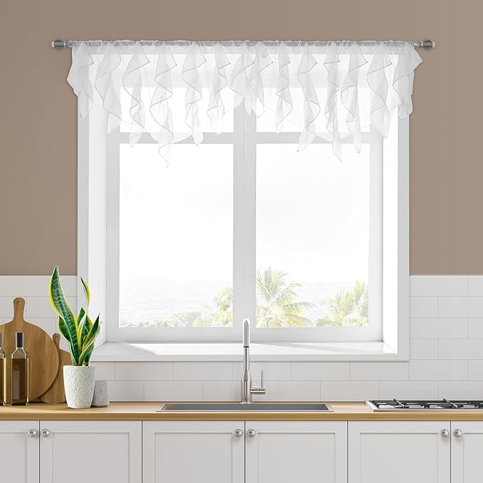 PearAge Ruffled Voile Semi Sheer Curtain Valance, Kitchen Living Room Shabby - Image 6