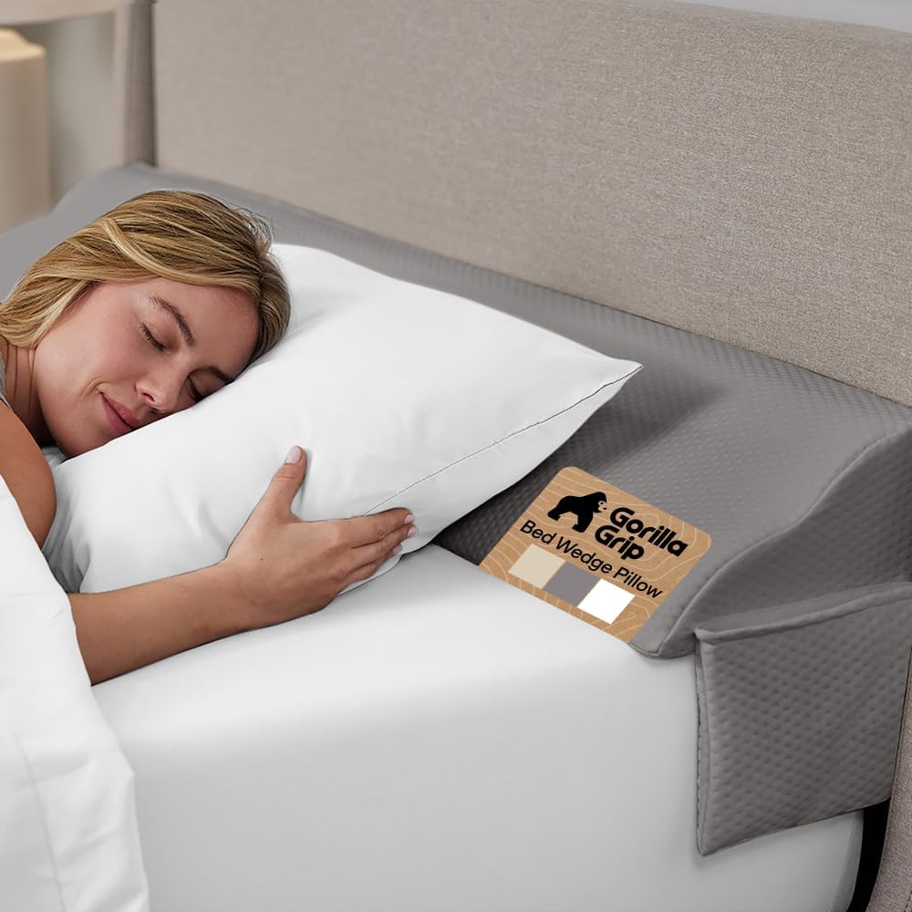 GORILLA GRIP Patented Bed Wedge Pillow for Headboard Gap, King, Soft Gray