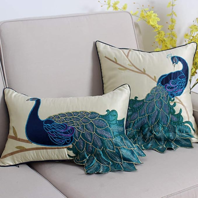 vctops Embroidered Peacock Decorative Throw Pillow Case Silky Satin Cushion - Image 3