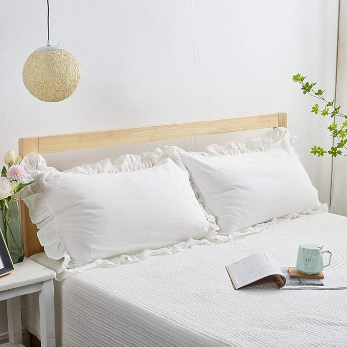 Shabby Off White Ruffle Pillow Shams Standard Size Set of 2, Washed Cotton - Image 2