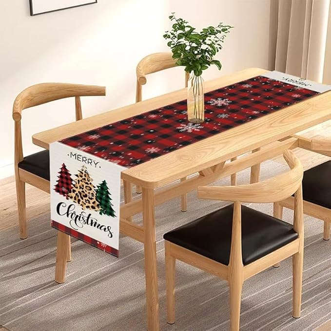 Christmas Tree Table Runner 13x72 Inch Buffalo Plaid Xmas Pine Trees Merry - Image 4