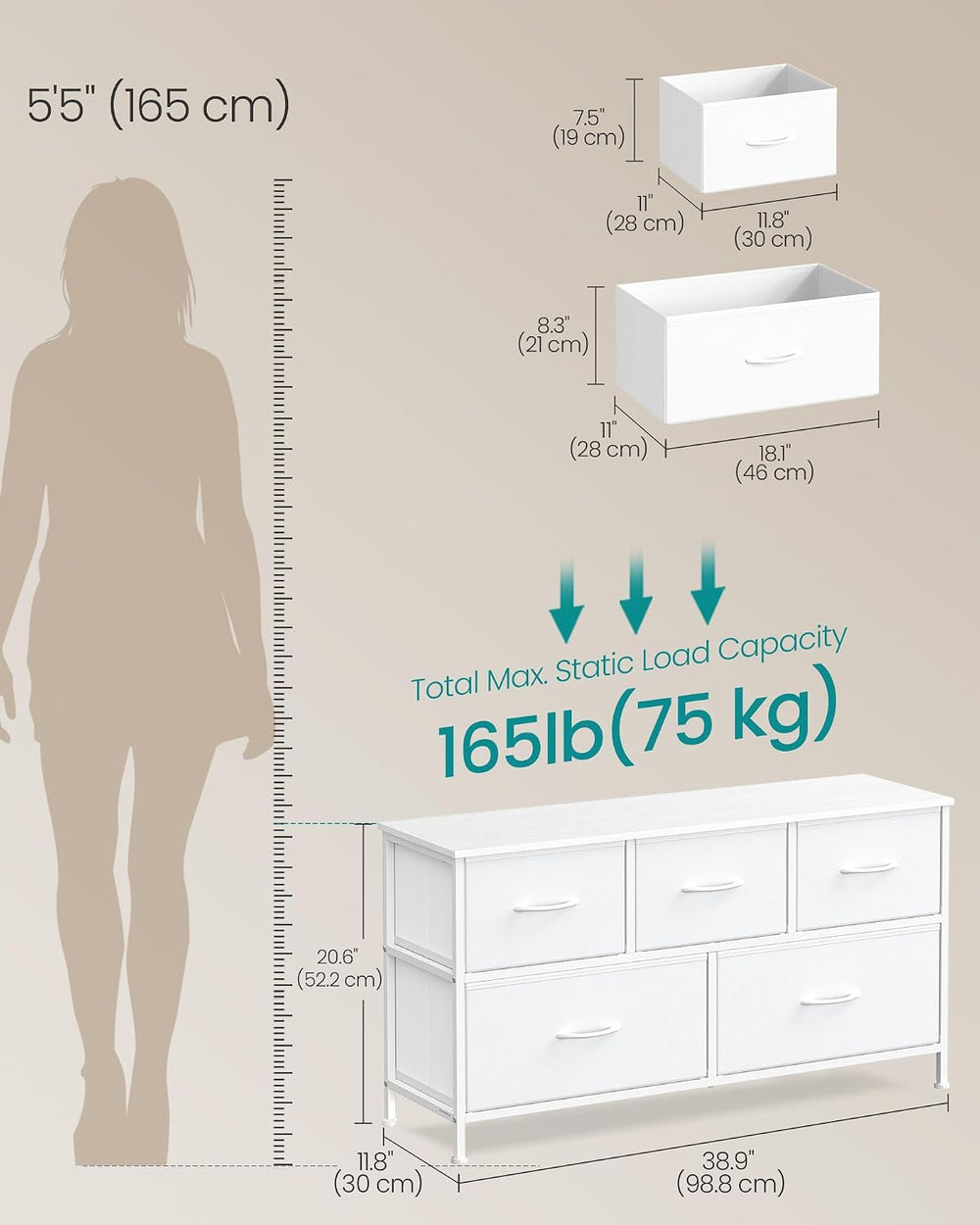 SONGMICS Dresser for Bedroom, Wide Dresser with 5 Fabric Drawers