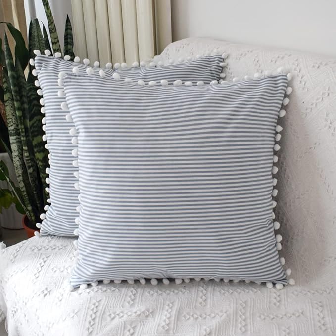 HOPLEE Decorative Blue Stripe Pillow Covers 20x20 Farmhouse Pom Pom Pillows by HOPLEE