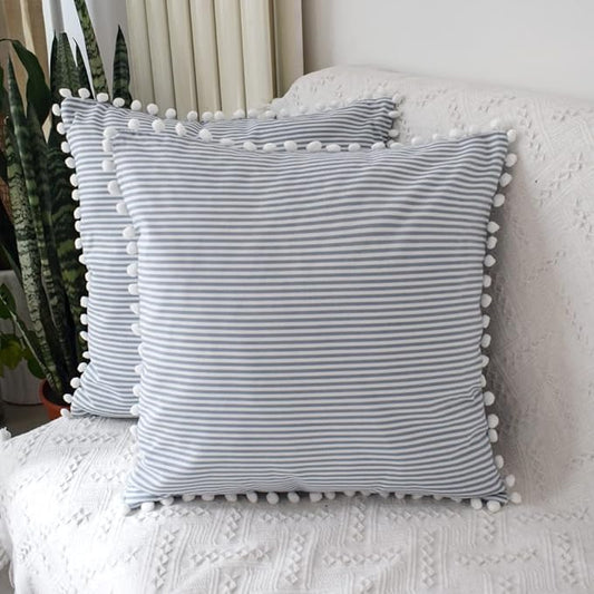 HOPLEE Decorative Blue Stripe Pillow Covers 20x20 Farmhouse Pom Pom Pillows by HOPLEE