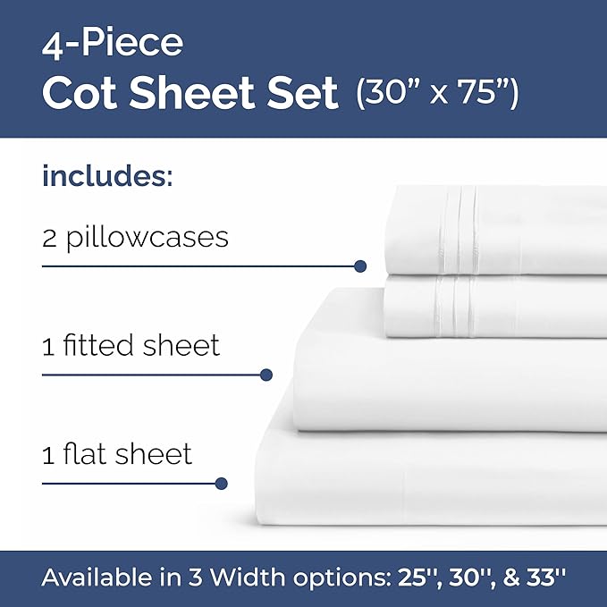 Cot Sheet Set 30” x 75” – Easy-Fit Cot Size Mattress Sheets – Ideal - Image 2
