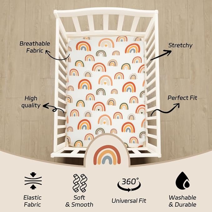 4 Pack Crib Sheets Boho Nursery Sheets Sunshine and Rainbow Desdign Neutral - Image 4
