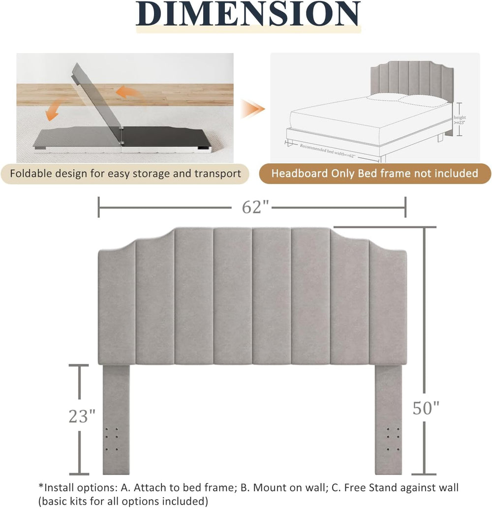 Befurtori Queen Size Headboard Only, Velvet Wall Mount Headboard Light Gray