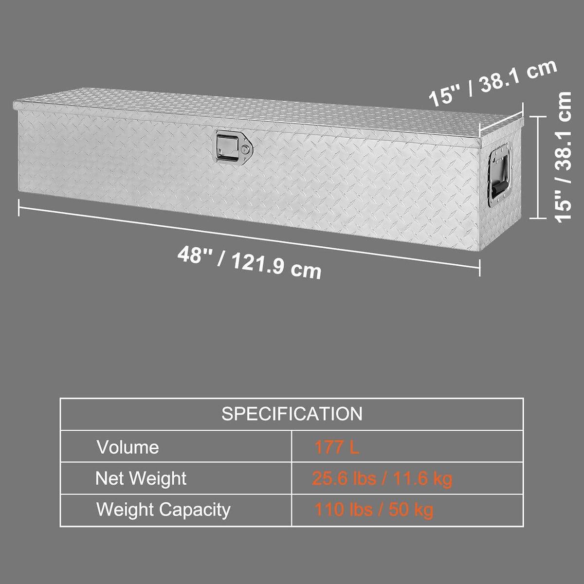 vevor heavy duty aluminum truck bed tool box on a desk or shelf