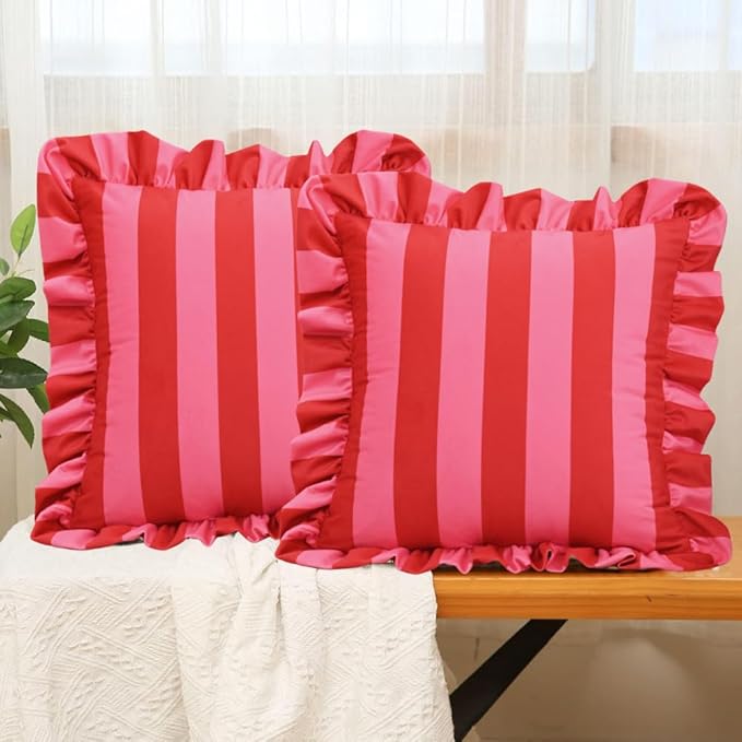 vctops Ruffle Square Throw Pillow Covers Boho Pink and Red Striped Decorative by vctops