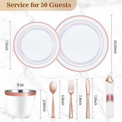 BESTVIP 350PCS Rose Gold Plastic Dinnerware Set, Disposable Party Plates for 50 Guests, Include: 100 Plastic Plates, 50 Pre Rolled Napkins with Rose Gold Silverware, 50 Cups for Christmas, Halloween