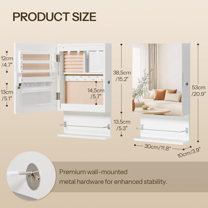 hoobro wall mounted jewelry cabinet, led jewelry armoire, front angle view