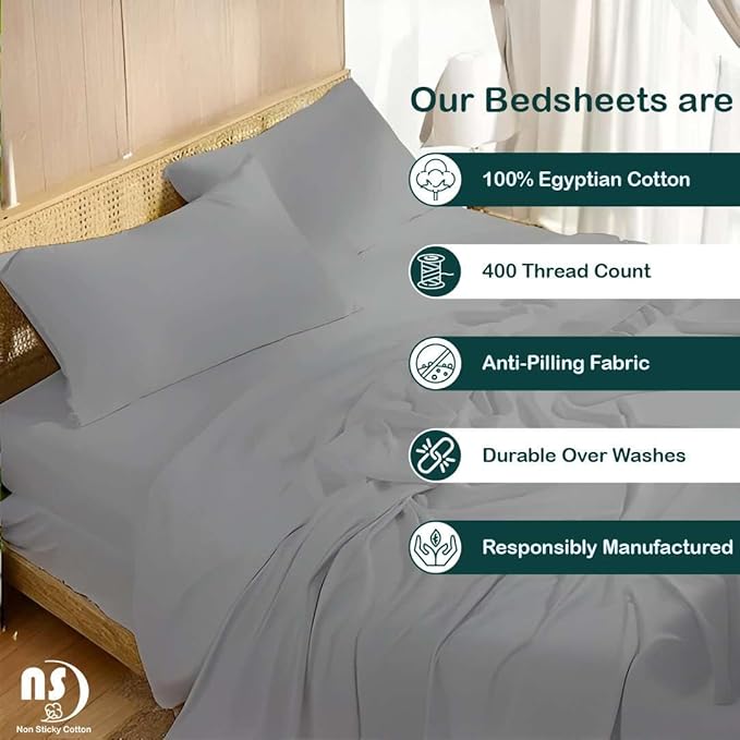 NON Sticky cotton Queen Size Sleeper Sofa Sheets, 4 Piece Egyptian Cotton Bed - Image 2