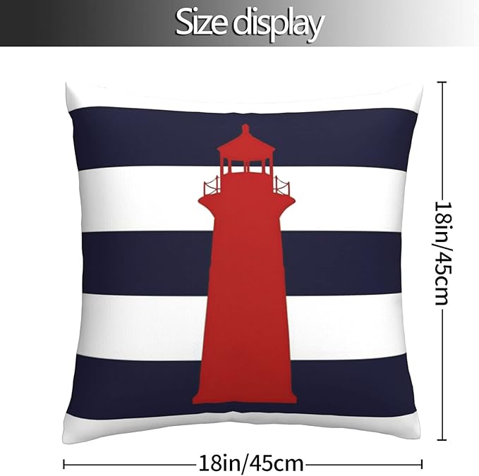 Myshe Square Nautical Red Lighthouse On Navy Blue Stripes Throw Pillow Cover - Image 5