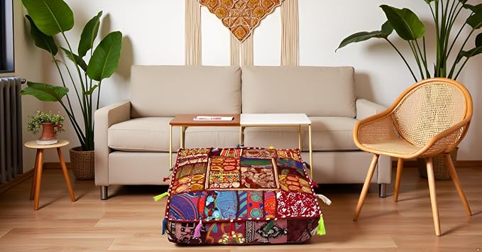 CRAFT KALA Indian Square Patchwork Traditional Pouf Cover Indian Living Room - Image 4