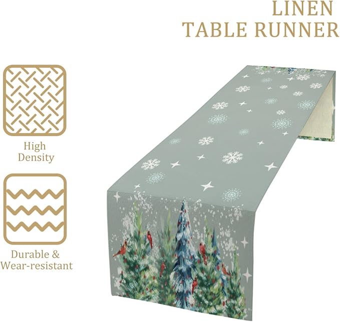 Christmas Table Runner, Christmas Snow Tree Linen Farmhouse Table Runners - Image 3